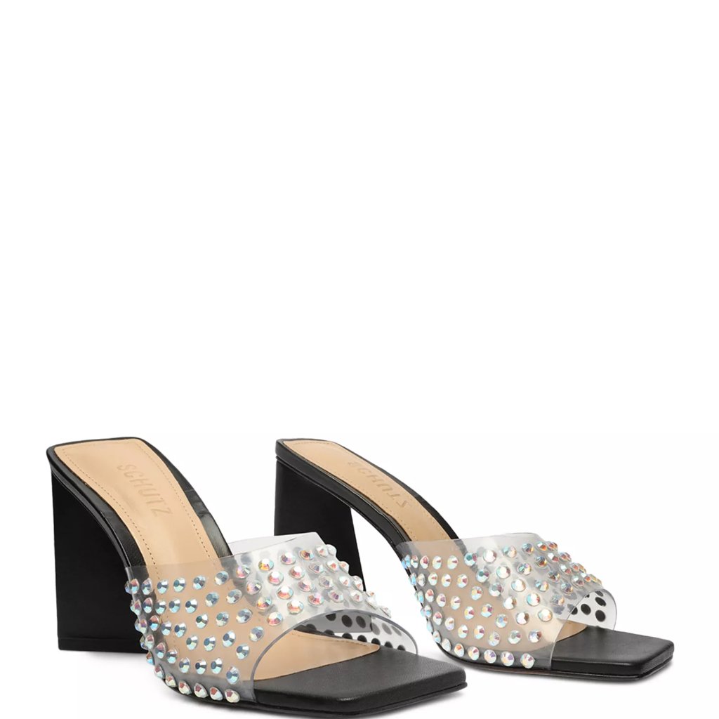 New Schutz Women's Lizah Crystal Clear Slip On Block Heel Sandals In Black 11b